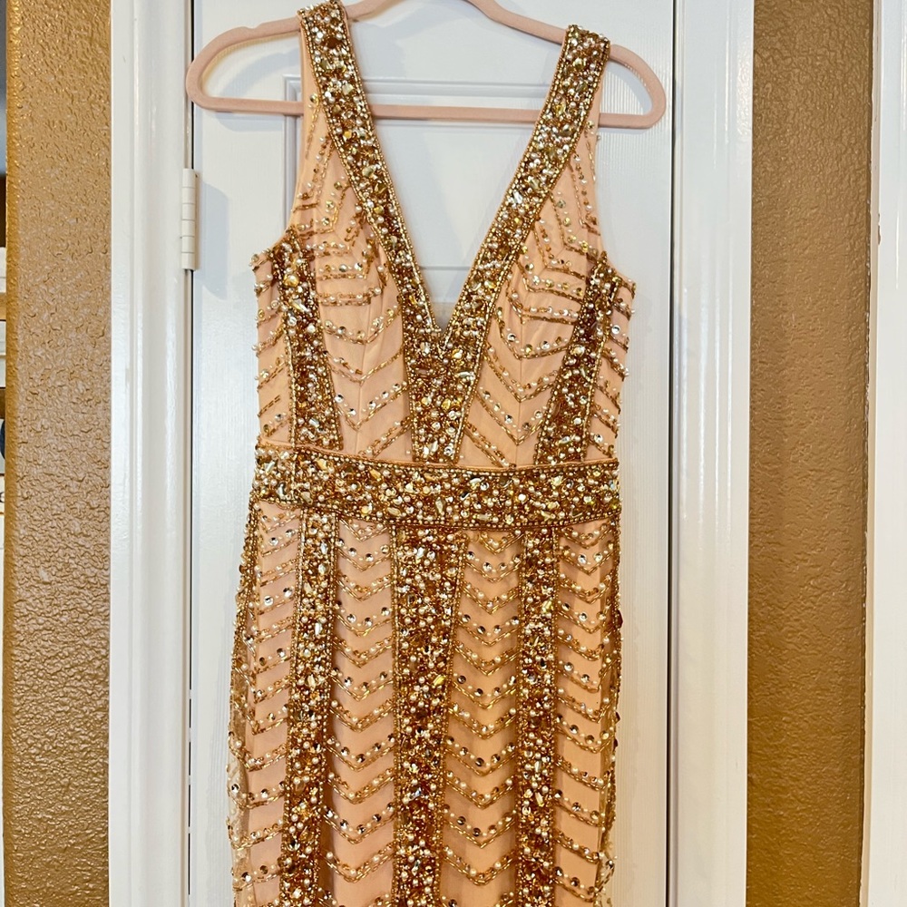 Romance Couture Rhinestone & Pearl Gold Evening Gown